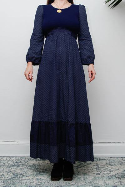 Vintage Cotton Prairie Maxi Dress, Navy Ditsy Floral & Victorian Sleeves