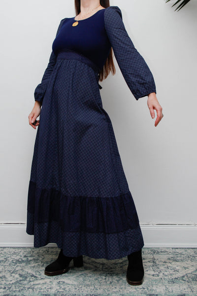 Vintage Cotton Prairie Maxi Dress, Navy Ditsy Floral & Victorian Sleeves