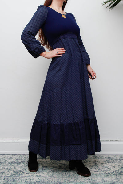 Vintage Cotton Prairie Maxi Dress, Navy Ditsy Floral & Victorian Sleeves