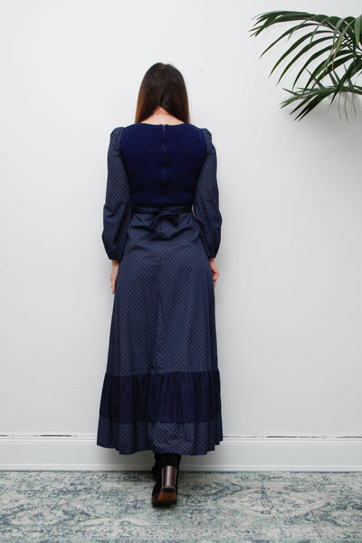 Vintage Cotton Prairie Maxi Dress, Navy Ditsy Floral & Victorian Sleeves