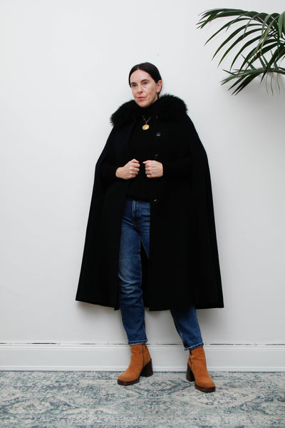 Vintage 1970s Black Wool Cape Coat, Gothic Fur Collar & Hood