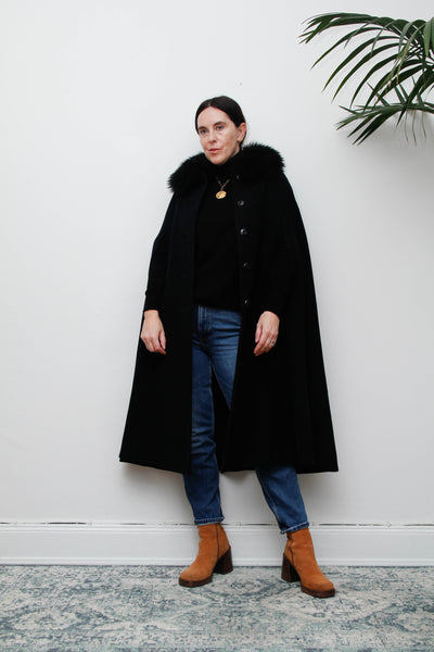 Vintage 1970s Black Wool Cape Coat, Gothic Fur Collar & Hood