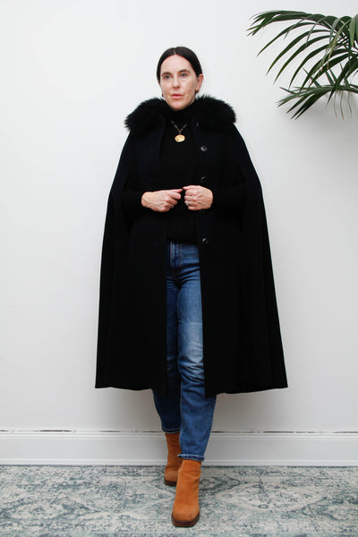Vintage 1970s Black Wool Cape Coat, Gothic Fur Collar & Hood