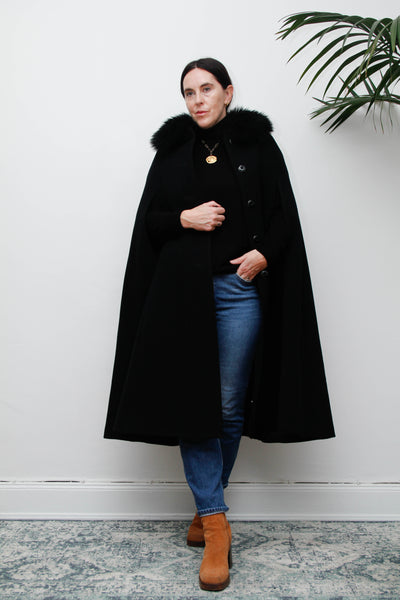 Vintage 1970s Black Wool Cape Coat, Gothic Fur Collar & Hood