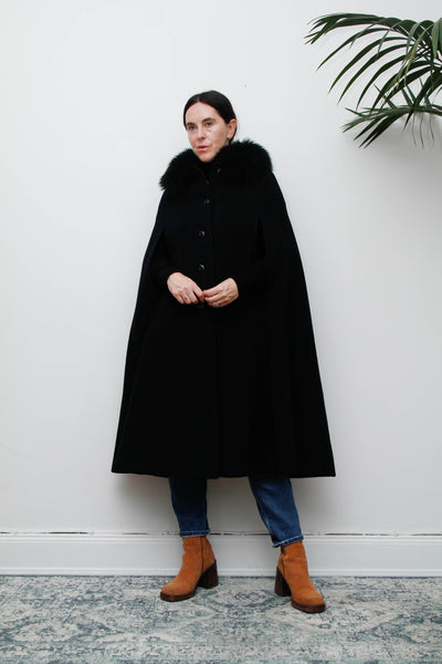 Vintage 1970s Black Wool Cape Coat, Gothic Fur Collar & Hood