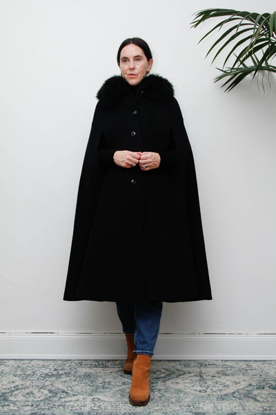Vintage 1970s Black Wool Cape Coat, Gothic Fur Collar & Hood