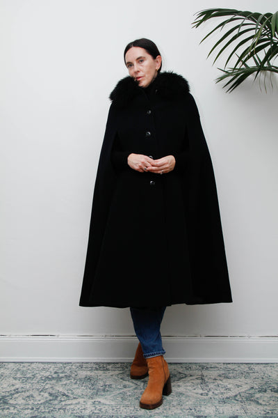 Vintage 1970s Black Wool Cape Coat, Gothic Fur Collar & Hood