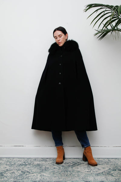 Vintage 1970s Black Wool Cape Coat, Gothic Fur Collar & Hood