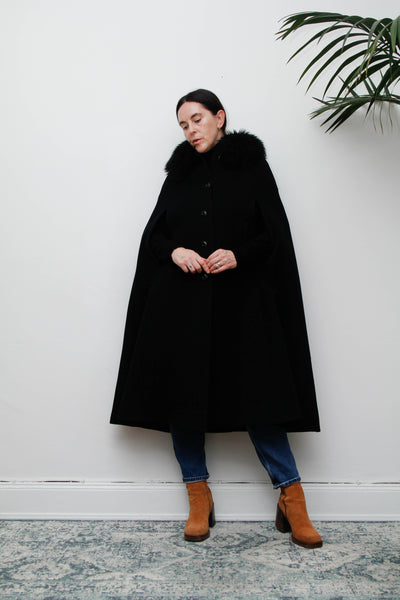 Vintage 1970s Black Wool Cape Coat, Gothic Fur Collar & Hood
