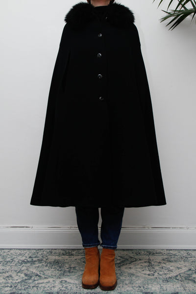 Vintage 1970s Black Wool Cape Coat, Gothic Fur Collar & Hood