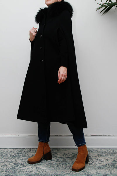 Vintage 1970s Black Wool Cape Coat, Gothic Fur Collar & Hood