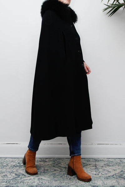 Vintage 1970s Black Wool Cape Coat, Gothic Fur Collar & Hood