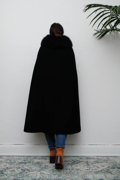 Vintage 1970s Black Wool Cape Coat, Gothic Fur Collar & Hood