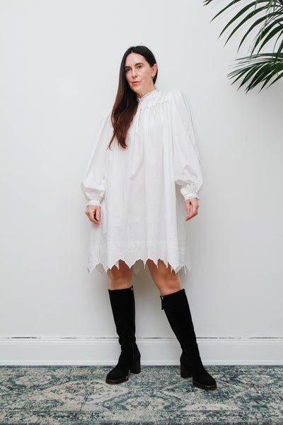 Vintage Cotton Gothic Smock Dress, Billowing Sleeves & Scalloped Detail