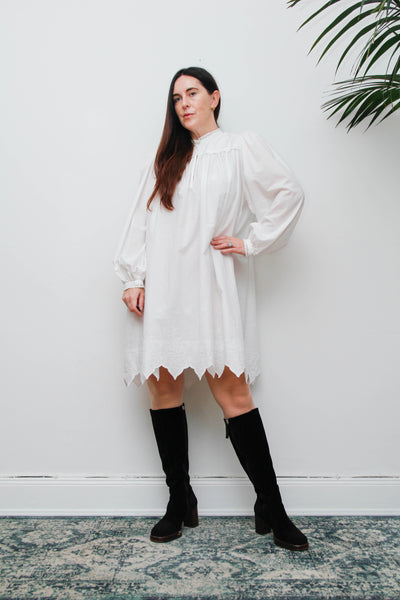 Vintage Cotton Gothic Smock Dress, Billowing Sleeves & Scalloped Detail