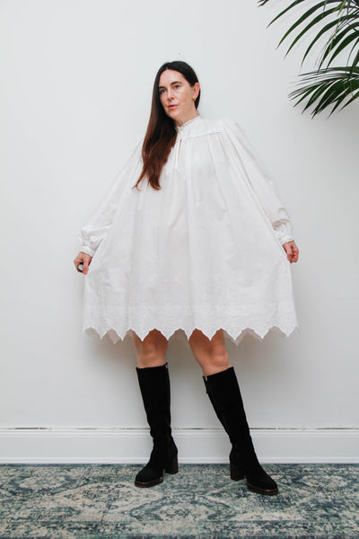 Vintage Cotton Gothic Smock Dress, Billowing Sleeves & Scalloped Detail