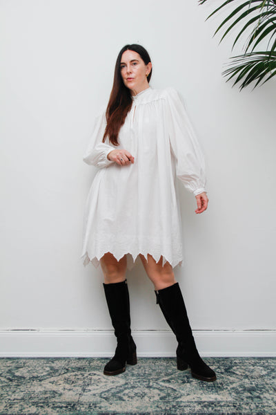 Vintage Cotton Gothic Smock Dress, Billowing Sleeves & Scalloped Detail