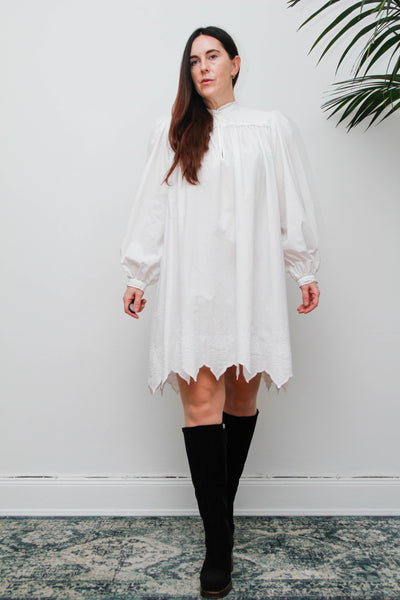 Vintage Cotton Gothic Smock Dress, Billowing Sleeves & Scalloped Detail