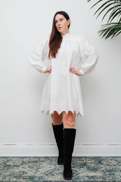 Vintage Cotton Gothic Smock Dress, Billowing Sleeves & Scalloped Detail