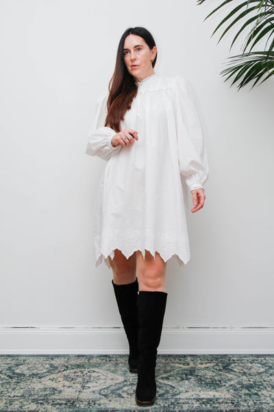 Vintage Cotton Gothic Smock Dress, Billowing Sleeves & Scalloped Detail