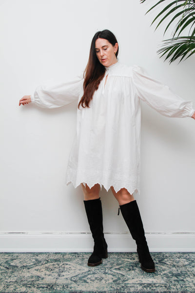 Vintage Cotton Gothic Smock Dress, Billowing Sleeves & Scalloped Detail