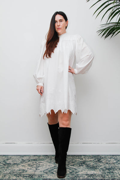 Vintage Cotton Gothic Smock Dress, Billowing Sleeves & Scalloped Detail