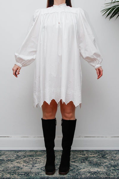 Vintage Cotton Gothic Smock Dress, Billowing Sleeves & Scalloped Detail