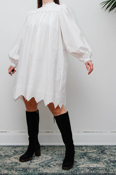 Vintage Cotton Gothic Smock Dress, Billowing Sleeves & Scalloped Detail