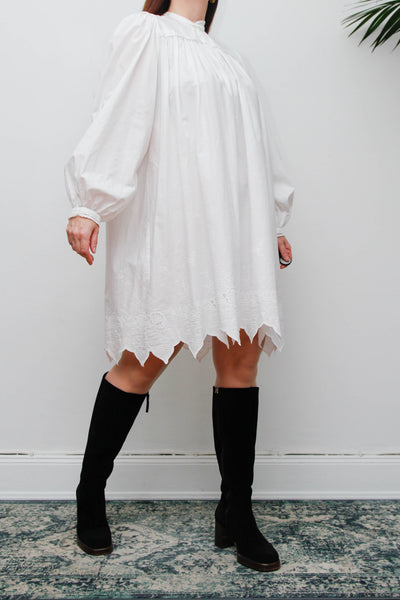 Vintage Cotton Gothic Smock Dress, Billowing Sleeves & Scalloped Detail