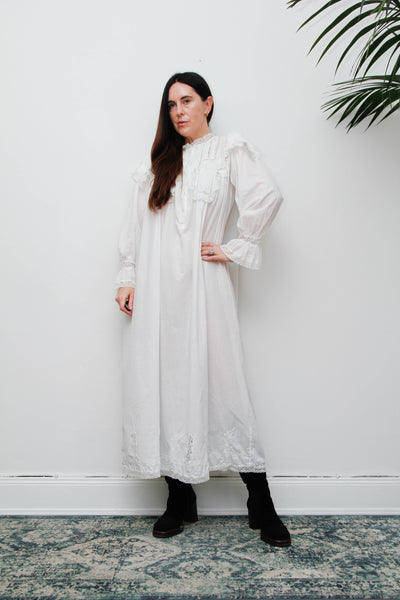 Vintage Ethereal White Cotton Dress, Hand-Embroidered Lace Collar