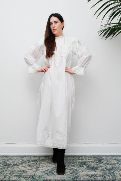 Vintage Ethereal White Cotton Dress, Hand-Embroidered Lace Collar
