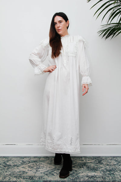 Vintage Ethereal White Cotton Dress, Hand-Embroidered Lace Collar