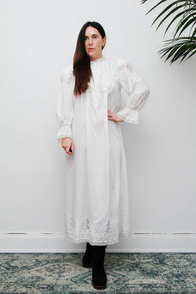 Vintage Ethereal White Cotton Dress, Hand-Embroidered Lace Collar