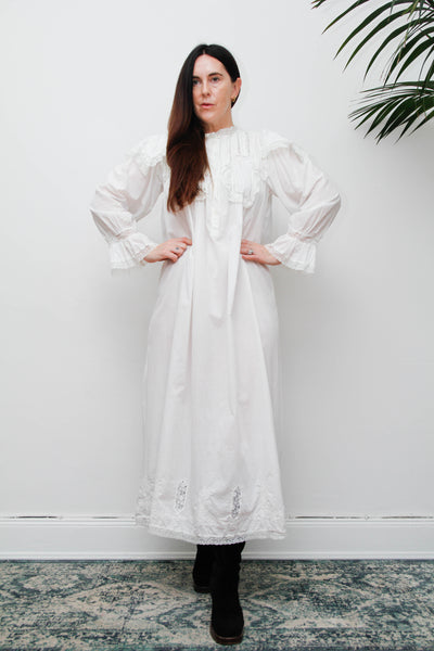 Vintage Ethereal White Cotton Dress, Hand-Embroidered Lace Collar