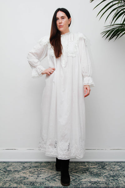Vintage Ethereal White Cotton Dress, Hand-Embroidered Lace Collar