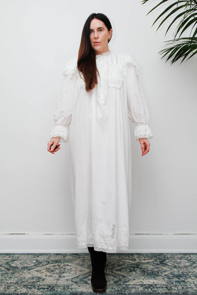 Vintage Ethereal White Cotton Dress, Hand-Embroidered Lace Collar