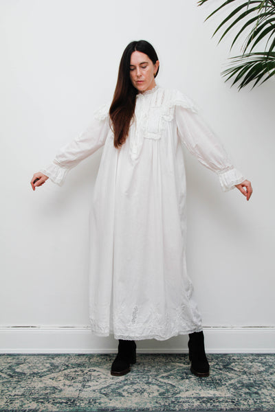Vintage Ethereal White Cotton Dress, Hand-Embroidered Lace Collar