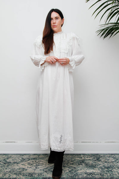 Vintage Ethereal White Cotton Dress, Hand-Embroidered Lace Collar