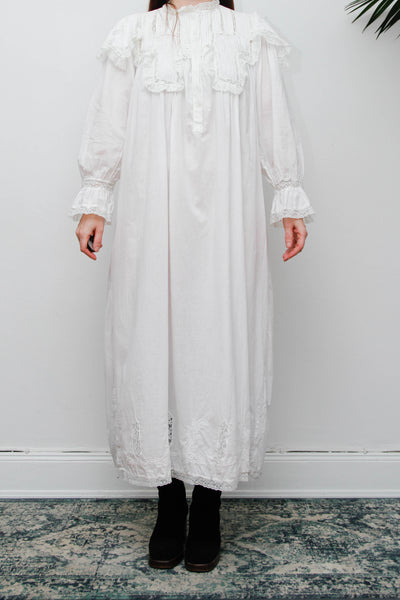 Vintage Ethereal White Cotton Dress, Hand-Embroidered Lace Collar