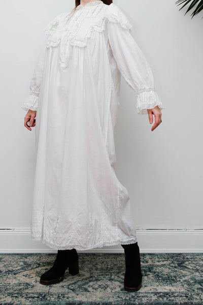 Vintage Ethereal White Cotton Dress, Hand-Embroidered Lace Collar