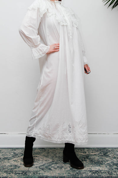 Vintage Ethereal White Cotton Dress, Hand-Embroidered Lace Collar