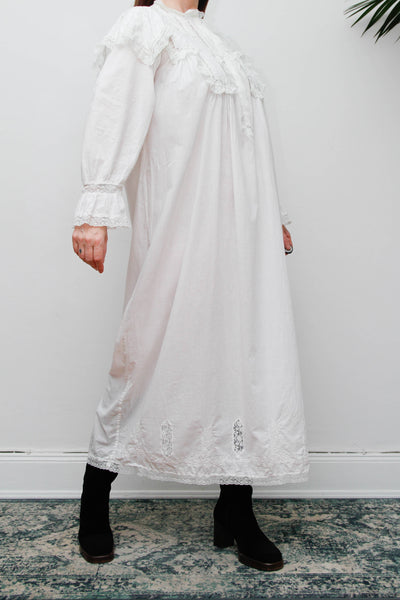 Vintage Ethereal White Cotton Dress, Hand-Embroidered Lace Collar