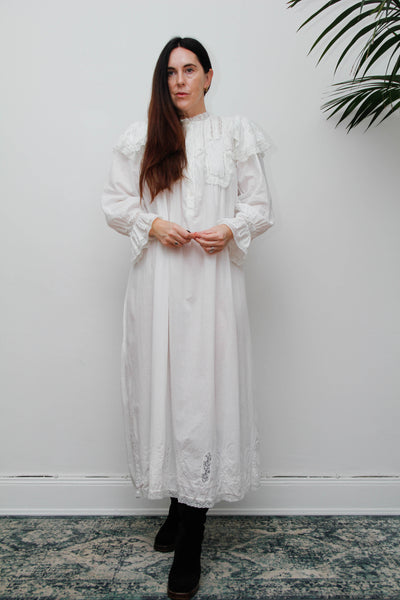 Vintage Ethereal White Cotton Dress, Hand-Embroidered Lace Collar