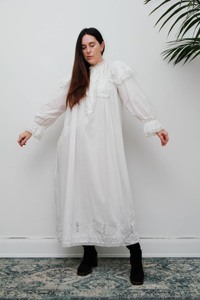 Vintage Ethereal White Cotton Dress, Hand-Embroidered Lace Collar