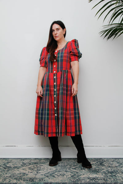 Vintage Gothic Bohemian Tartan Cotton Dress, Scottish Red Green & Blue Plaid