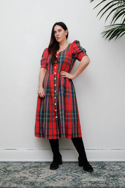 Vintage Gothic Bohemian Tartan Cotton Dress, Scottish Red Green & Blue Plaid