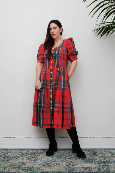 Vintage Gothic Bohemian Tartan Cotton Dress, Scottish Red Green & Blue Plaid