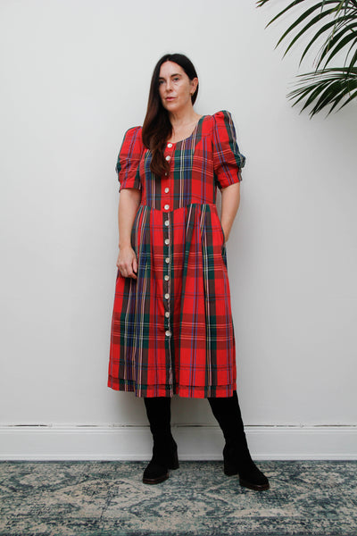 Vintage Gothic Bohemian Tartan Cotton Dress, Scottish Red Green & Blue Plaid