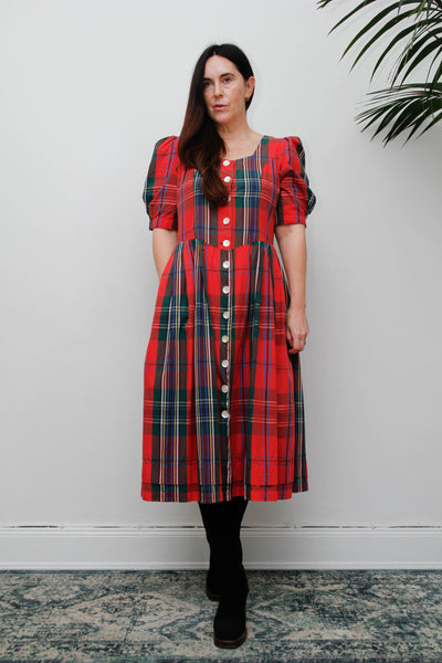 Vintage Gothic Bohemian Tartan Cotton Dress, Scottish Red Green & Blue Plaid