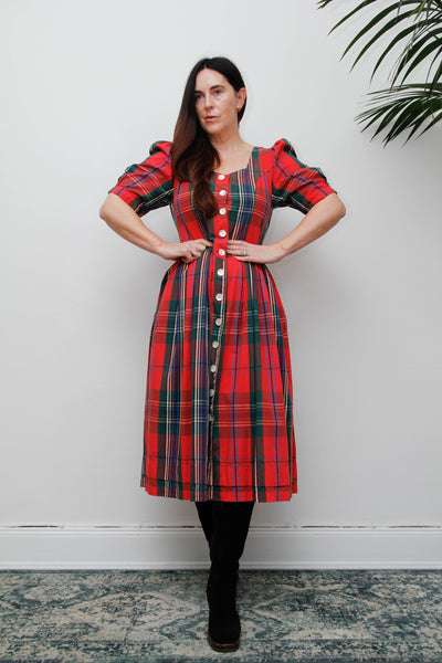 Vintage Gothic Bohemian Tartan Cotton Dress, Scottish Red Green & Blue Plaid